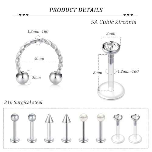 Zolure 16g Lip Rings Horseshoe Labret Jewelry Lip Barbell Ring Spike Snake Bite Piercing Jewelry Tragus Helix Earrings Studs Medusa Piercing for Women Men - color: 16G 8mm #7