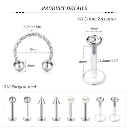 Zolure 16g Lip Rings Horseshoe Labret Jewelry Lip Barbell Ring Spike Snake Bite Piercing Jewelry Tragus Helix Earrings Studs Medusa Piercing for Women Men - color: 16G 8mm #7