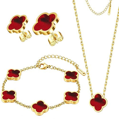 Clover Jewelry Set 3 PC - 18K Gold Plated Stainless Steel Y Necklace Four Leaf Pendant, Clover Bracelet Charm, 4leaf Earrings, Hypoallergenic Non-Tarnish, Lucky Jewelry Gifts for Women Mom - color: Dark Red/Gold