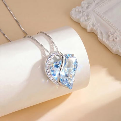 Crystal Heart Necklace for Women - Quietrose Faceted Crystal Heart Pendant with Sparkle Accents, Silver-Tone Curved Frame, 0.85" x 0.73", 18+2" Adjustable Chain, Elegant Gift for Her - color: Sky Blue - Sea Whisper