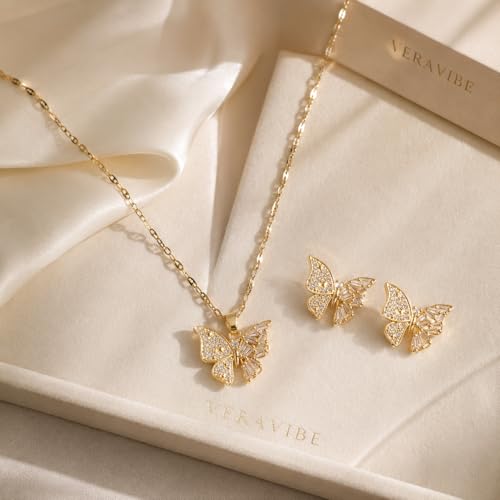14K Gold Plated Butterfly Necklace and Earrings Set for Women | Dainty Cubic Zirconia Inlaid, Minimalist Stainless Steel Chain Choker, Elegant Trendy Jewelry Gifts