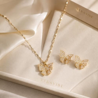 14K Gold Plated Butterfly Necklace and Earrings Set for Women | Dainty Cubic Zirconia Inlaid, Minimalist Stainless Steel Chain Choker, Elegant Trendy Jewelry Gifts
