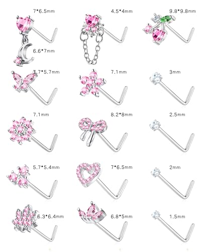 BSJ4U Nose Rings L Shaped for Women Nose Piercings 20G Surgical Stainless Steel Nose Studs CZ Heart Butterfly Flower Cherry Bow Moon Dangle Nose Piercing Jewelry - color: Silver Pink Nose Rings