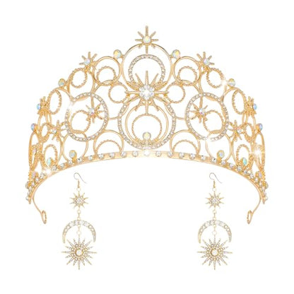 Crystal Crowns for Women, Crystal Bubble TiaraBride Royal Queen Headband Princess Headpieces for Women Bridal Wedding Prom Birthday Party Crowns - color: Gold Crown with Earrings