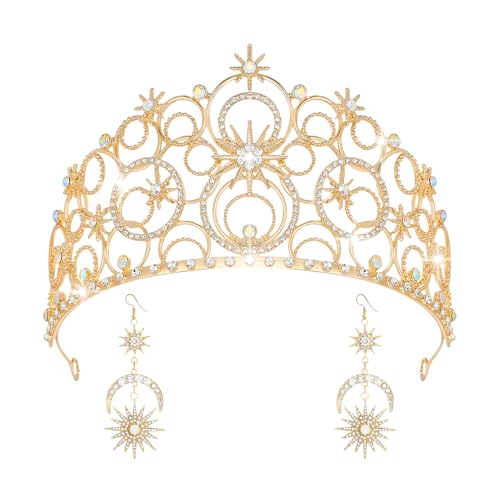 Crystal Crowns for Women, Crystal Bubble TiaraBride Royal Queen Headband Princess Headpieces for Women Bridal Wedding Prom Birthday Party Crowns - color: Gold Crown with Earrings