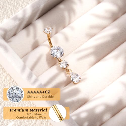 G23 Titanium Belly Button Rings Dangle CZ Belly Rings Curved Navel Rings Teardrop Internally Threaded Cute Belly Piercing 8mm-16mm - color: Style B| Gold, size: 12MM