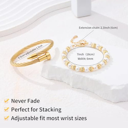 2PCS 18K Gold Plated Nail Bangle & Chain Bracelet Set for Women, Adjustable Stackable Bangle Jewelry, Dainty Gold Bracelet Gift for Women - color: Set C-peal