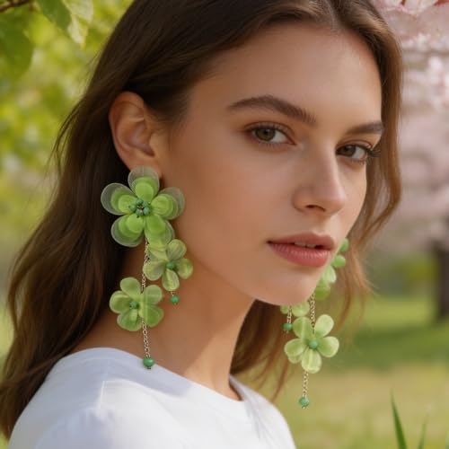 Flower Earrings for Women Long Fabric Flower Tassel Earrings Bohemian Handmade Floral Statement Earring Wedding Prom Jewelry Gifts - color: A7:green