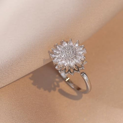 Sunflower Fidget Ring for Women Gold Anxiety Crystal Rings Cubic Zirconia Sunflower Open Adjustable Fidget Ring Spinner Sun Ring for Men Trendy Jewelry - color: Sunflower Silver