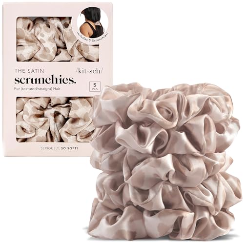 Kitsch Leopard Prints Satin Scrunchies for Women - 5pcs | Wake Up Frizz-Free, No Crease Hair Ties, Softer Than Silk Scrunchies, Stylish Hair Accessories For All Hair Types - color: Leopard