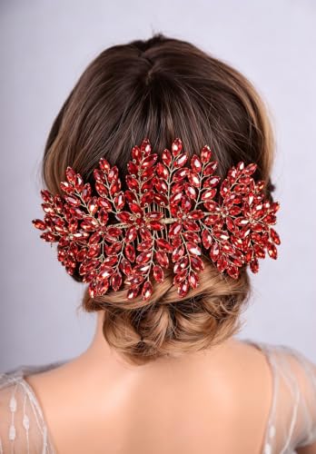 Bridal Rhinestone Hair Comb Large Rhienstone Wedding Headpiece Handmade Crystal Hair Comb for Bride Wedding Hair Accessories for Women (red) - color: red