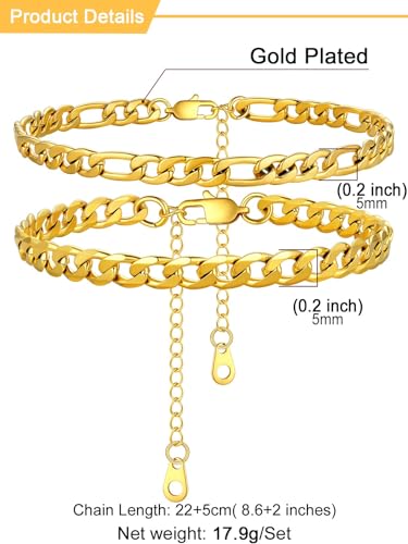 U7 2Pcs/3Pcs Ankle Bracelets for Women, Stainless Steel Cuban Link/Figaro/Rope/Heart Chain Anklets Sets,Waterproof Layered Anklets Adjustable 8.5"-10.5" - color: 01. 2Pcs Style A-Gold