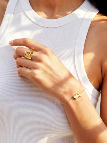KeyStyle Initial Heart Bracelet for Women Waterproof Stainless Steel Chain | 14K Gold Plated /Silver A-Z Letter Adjustable Charm Bracelet, Hypoallergenic Non Tarnish Dainty Gift for Everyday Wear - color: 14K Gold Plated-V