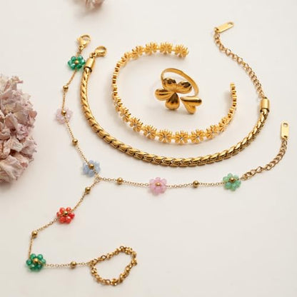 Dainty Flower Beaded Ring Bracelet Hand Chain for Women Stainless Steel 18K Gold Plated Colorful Flowers Daisy Adjustable Satellite Bead Harness Slave Wrist Link Bracelets Boho Jewelry Summer Beach