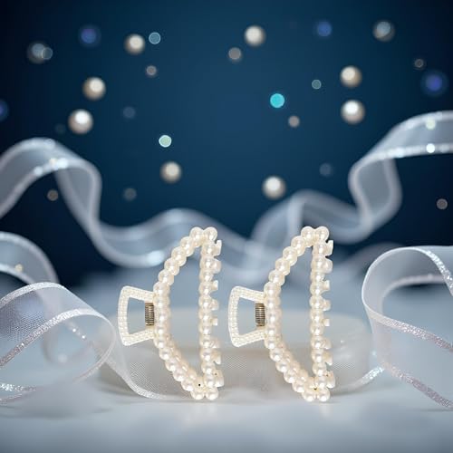 2Pcs White Large Pearl Hair Clip for Thick Hair,Girls Big Hair Claw Clips For Hair,Faux Pearl Claw Clips,Neutral Hair Clips Fashion Hair Accessories Headwear Styling Tools for Party Wedding