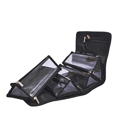 Large Capacity Hanging Eco Polyester Travel Toiletry Bag Makeup Cosmetic Bag 4-in-1 Roll-Up Make Up Storage Organizer With 4 detachable Removable Zipper Clear TPU Pouches & Hook