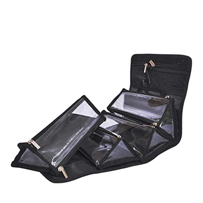 Large Capacity Hanging Eco Polyester Travel Toiletry Bag Makeup Cosmetic Bag 4-in-1 Roll-Up Make Up Storage Organizer With 4 detachable Removable Zipper Clear TPU Pouches & Hook