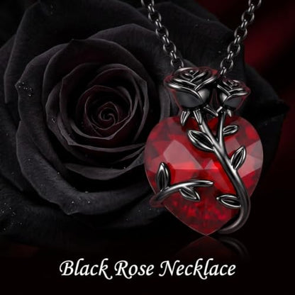 Gothic Necklace 18K Black Gold Plated Black Rose Rib Cage Heart Crystal Pendant Necklace Goth Skull Skeleton Jewelry Gifts for Women Halloween Gothic Party - color: Black Rose-B)