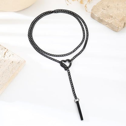 Slip Chain Necklaces for Women Stainless Steel Bar Pendant Choker Necklace Boho Handmade Long Lariat Necklace Silver Statement Punk Rock Collar Jewelry - style: layered black heart