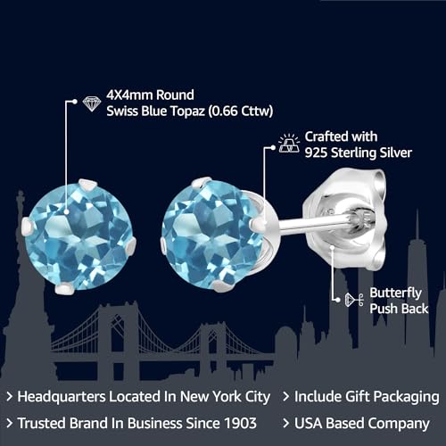 Gem Stone King 925 Sterling Silver Round 4MM Gemstone Birthstone Stud Earrings For Women Men - style: Swiss Blue Topaz, November