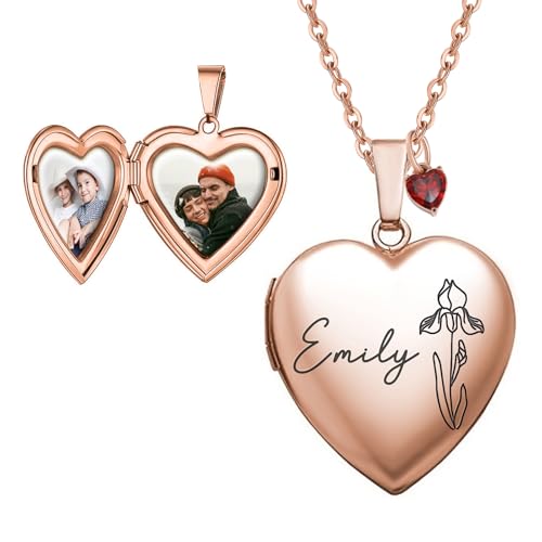 Personalized Heart Locket Necklace Customize Photo 925 Sterling Silver Picture Locket Necklace for Women Girls kids Engraved Birth Flower and Text Birthday Christmas Gifts for Women Girls Kids - color: Rose gold