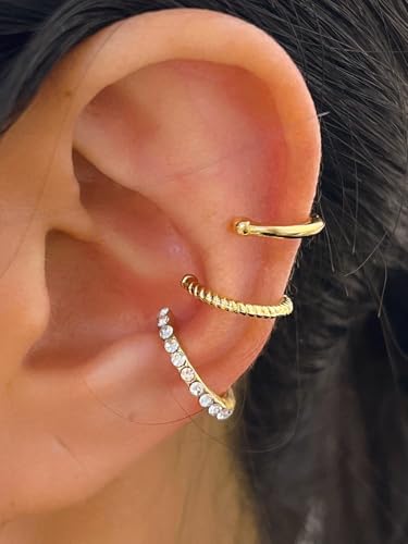 Longita Ear Cuff Earrings for Women non Piercing Ear Hoop Earrings Stainless Steel Clip On Cartilage Earring Huggie Dainty Minimal Crossed Conch Piercing Sparkling Jewelry Silver Rose Gold - color: B1- 3pcs gold set