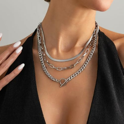 Layered Silver Chain Necklace for Women Chunky Stainless Steel Chains Necklaces Trendy Cuban Link Paperclip Chain Toggle Clasp Choker Necklace Stack Set Jewelry - color: Silver