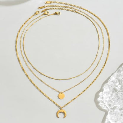 18K Gold Plated Layered Herringbone Necklaces for Women Dainty Layering Beaded Snake Chain Choker Moon Coin Pendant Necklace Trendy Stainless Steel Jewelry - color: Trible Moon Coin-Gold