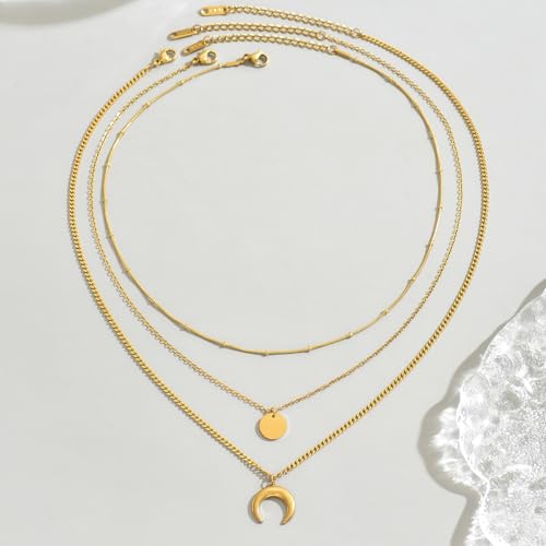 18K Gold Plated Layered Herringbone Necklaces for Women Dainty Layering Beaded Snake Chain Choker Moon Coin Pendant Necklace Trendy Stainless Steel Jewelry - color: Trible Moon Coin-Gold