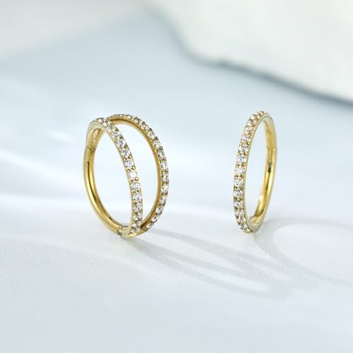 GAGABODY 2 Pcs Nose Rings 22G 20G 18G 16G 14G 12G 10G 8G Surgical Steel Piercing Rings for Nose Septum Cartilage Helix Tragus Conch Rook Daith Lobe from 5mm to 16mm Seamless Hoop Unisex Hinged Earrings - color: Gold-Single CZ+Double CZ