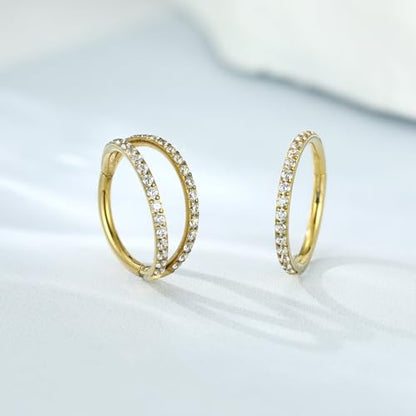 GAGABODY 2 Pcs Nose Rings 22G 20G 18G 16G 14G 12G 10G 8G Surgical Steel Piercing Rings for Nose Septum Cartilage Helix Tragus Conch Rook Daith Lobe from 5mm to 16mm Seamless Hoop Unisex Hinged Earrings - color: Gold-Single CZ+Double CZ