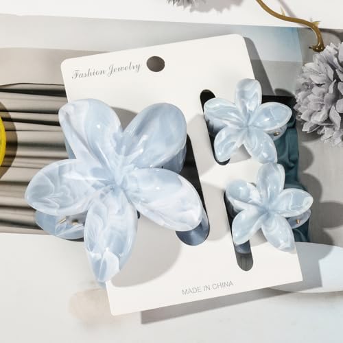 Flower Hair Clips for Women Girls Claw Clips Set Light Gray Plumeria with Marble Design Barrettes Summer Hair Clip Fashion Hair Styling Accessories for Thick Thin Hair(3Pcs: 1 Large 2 Small) - color: Light Gray