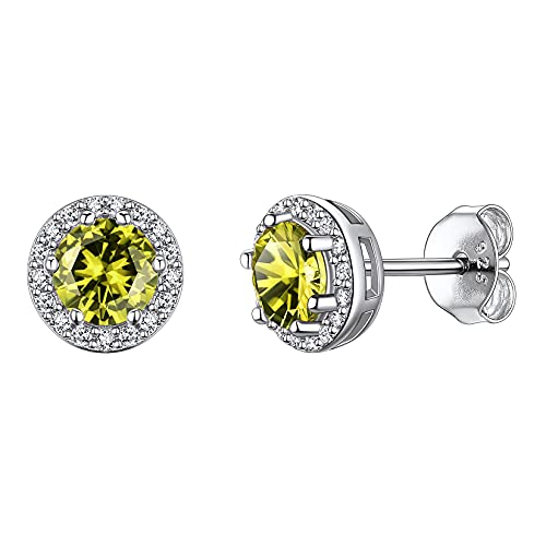 Suplight 925 Sterling Silver Birthstone Stud Earrings for Women, Round/Heart/Teardrop/Square Crystal Diamond Earrings for Women, Dainty Birthday Gifts Jewelry - color: style a-08. round-August(Created Peridot)