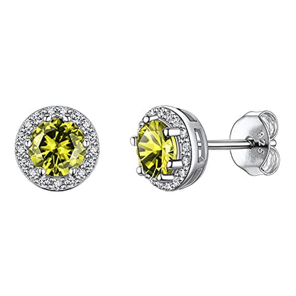 Suplight 925 Sterling Silver Birthstone Stud Earrings for Women, Round/Heart/Teardrop/Square Crystal Diamond Earrings for Women, Dainty Birthday Gifts Jewelry - color: style a-08. round-August(Created Peridot)