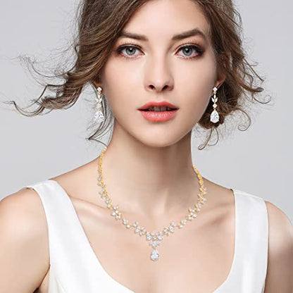 Bridal Wedding Jewelry CZ Set Marquise Teardrop Cubic Zirconia Pendant Necklace and Dangle Earring Bracelet Sets for Women - color: Gold plated
