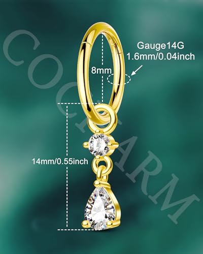 Clicker Belly Button Rings 14G Gold Plated Belly Navel Rings for Women Dangle Navel Piercing Jewelry Stainless Steel 8/10MM - color: YG-8MM