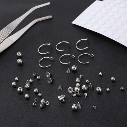 Fake Eyebrow Ring, Fake Lip Labret Studs Non-Piercing Eyebrow Piercing Replacement Balls Spike with 100Pcs Sticker and 1 Pcs Tweezers Body Jewelry Nose Rings