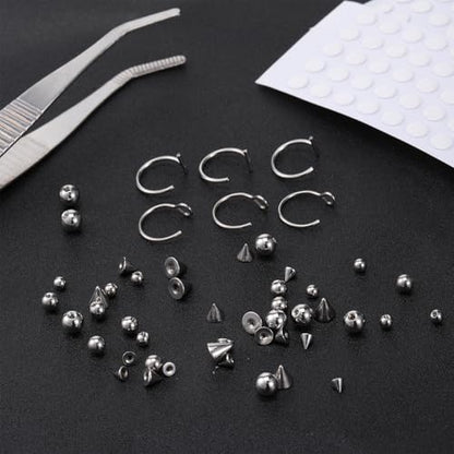 Fake Eyebrow Ring, Fake Lip Labret Studs Non-Piercing Eyebrow Piercing Replacement Balls Spike with 100Pcs Sticker and 1 Pcs Tweezers Body Jewelry Nose Rings