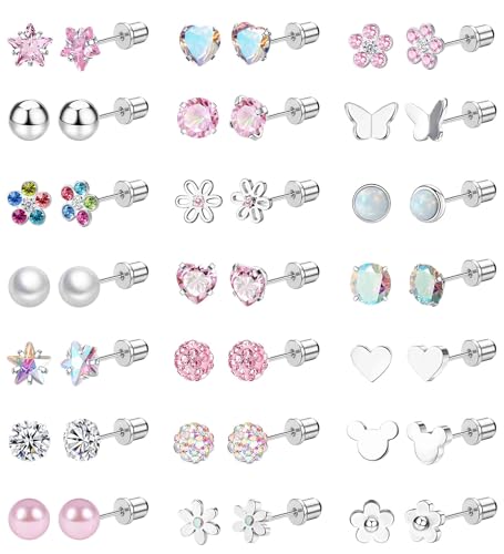 Staligue 8 & 21 Pairs Hypoallergenic Screw Back Earrings for Women – 20G Surgical Steel Flat Back Studs with Heart, CZ, Pearl, Star & Ball Designs | Tiny Cartilage Jewelry Options - color: Silver