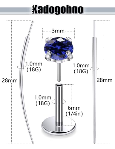 F136 Titanium 20/18/16g Internally Threaded Medusa Monroe Lip Ashley Labret Nose Rings Flat Back Tragus Helix Cartilage Conch Screw Stud Earrings Surgical Steel Piercing Jewelry for Women - color: Blue CZ, size: 18g*1/4in