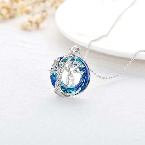 TOUPOP Gifts for Women Tree of Life Initial Necklace 925 Sterling Silver Letter Pendant with Blue Crystal Birthday Jewelry Gifts for Women Her Mom Wife Daughter - color: Tree of Life B Initial