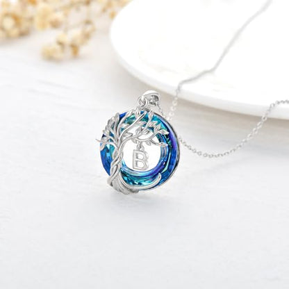 TOUPOP Gifts for Women Tree of Life Initial Necklace 925 Sterling Silver Letter Pendant with Blue Crystal Birthday Jewelry Gifts for Women Her Mom Wife Daughter - color: Tree of Life B Initial