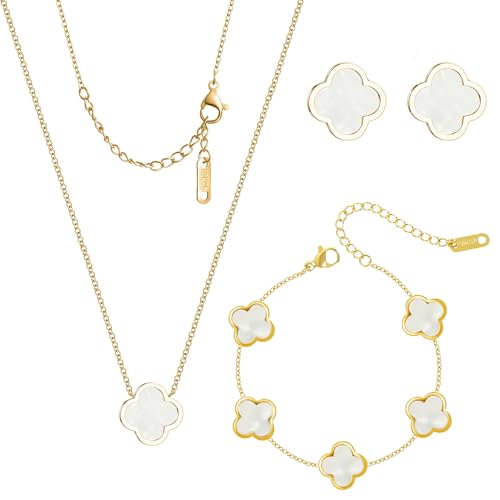 3 PC Set 18K Gold Plated Clover Necklace Bracelets Earrings Dainty Four Leaf Clover Bracelets For Women Clover Earrings Birthday Christmas Day Gift