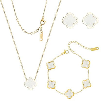 3 PC Set 18K Gold Plated Clover Necklace Bracelets Earrings Dainty Four Leaf Clover Bracelets For Women Clover Earrings Birthday Christmas Day Gift