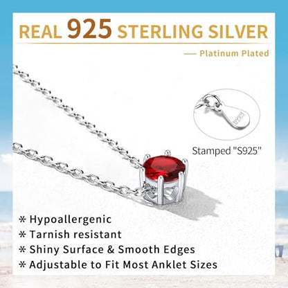ChicSilver 925 Sterling Silver Anklets for Women, Simple Dainty Round/Heart Birthstone Ankle Bracelet Beach Foot Jewelry, 8.7-10.7 Inch Adjustable - color: 01. Round - January(Garnet)