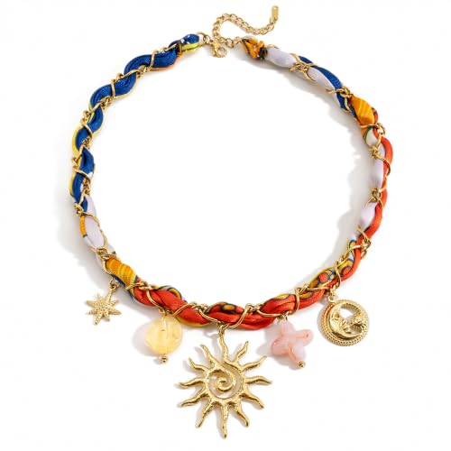 Boho Scarf Choker Necklace for Women Summer Beach Jewelry Gifts | Hypoallergenic, Waterproof, Multiple Charm Pendants, Great for Festivals, Swimming & Beach Vacations, Colorful Printed Fabric - color: Orange-B