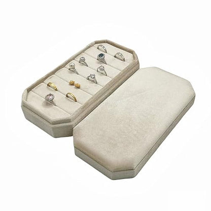Velvet Ring Organizer Box - Ring Jewelry Box for Rings Earring, Jewelry Tray Rings holder Display Case for Girl Women (8.07"x4.13"x2.16") -PRB024-Beige - color: Beige