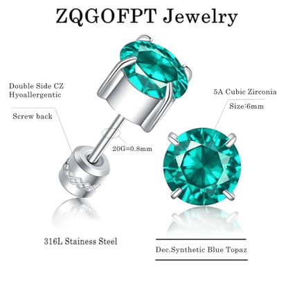 Titanium Flat Back Surgical Stainless Steel Stud Earrings for Women Men,Birthstone Stud Earrings Hypoallergenic Double Side 5A Cubic Zirconia Studs Jewelry 6mm - color: December(Tanzanite)