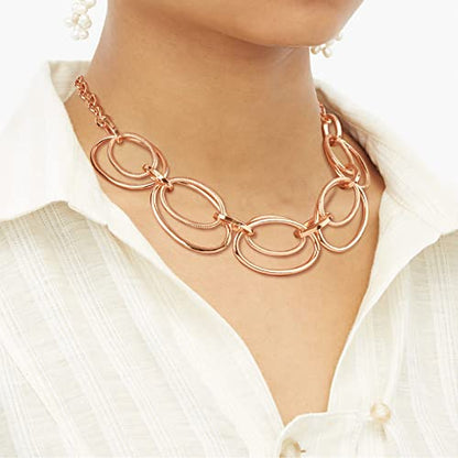 Gold Chunky Necklace for Women: Double Oval Link Statement Choker Necklace | 14k Gold Plated Loop Chain Trendy Fashion Jewelry for Daily Holiday Party - color: ROSE GOLD