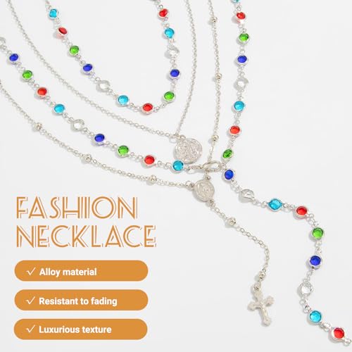 Layered Cross Necklace Set for Women, Layered Choker Necklaces Trendy Jewelry, Colorful Enamel Beaded Y-Shaped Lariat Necklace, Boho Multilayer Cross Necklace for Party and Daily Wear - color: Silver-05